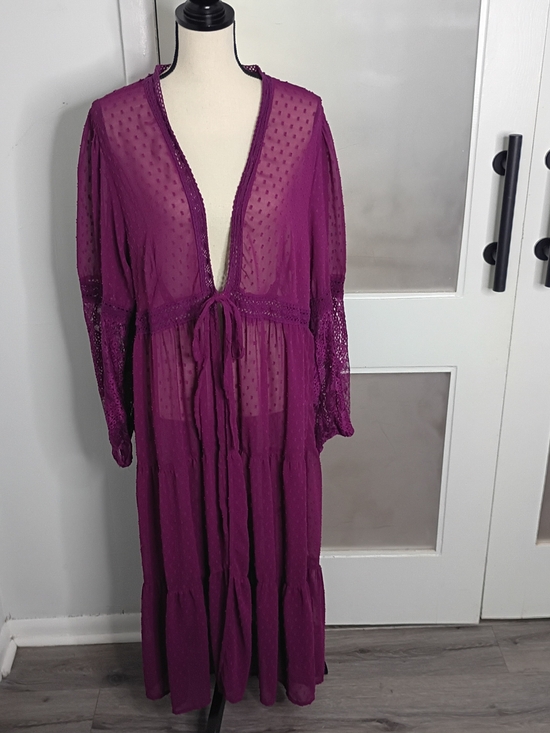 torrid Dresses & Skirts - Torrid Sheer Plum Dotted Lace Sleeve Boho Maxi Duster with Tie Front, Size 2